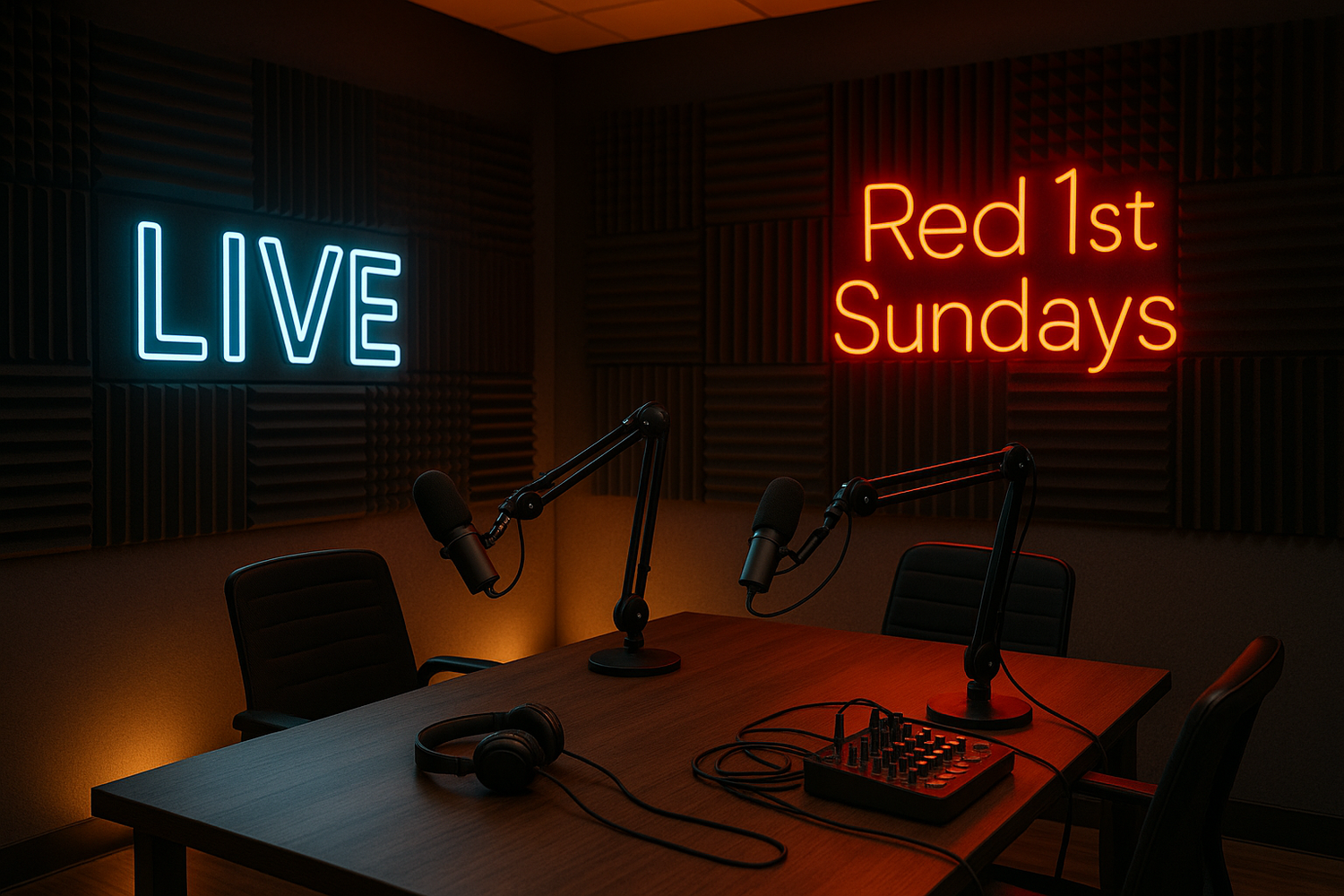 A podcast room with LIVE in LED Lights and Red 1st Sundays on another LED light